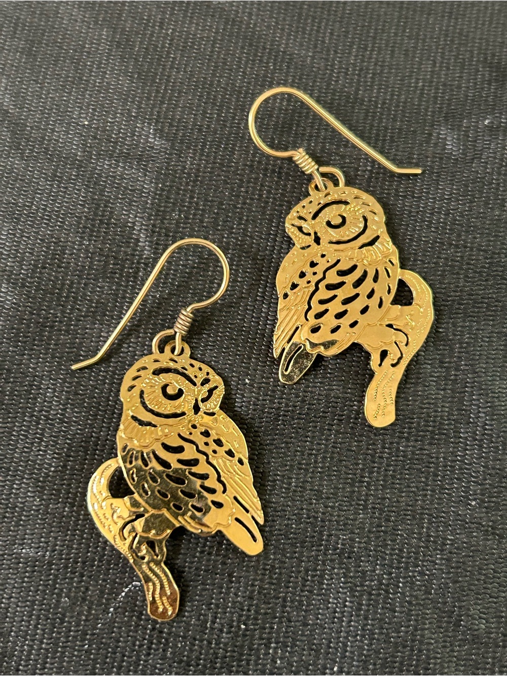 Vintage Wild Bryde 14k gold plated shiny lasercut perforated owl drop earrings